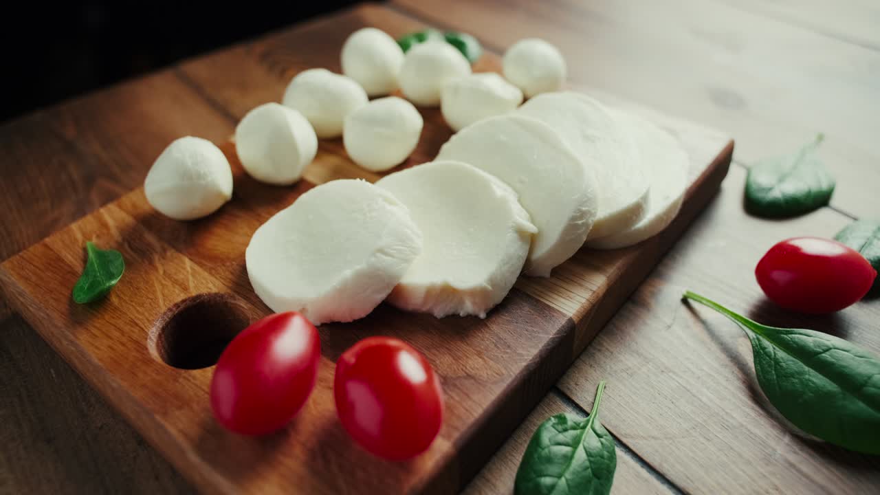 pequeñas bolas de queso mozzarella blanco, hojas de espinaca en tabla de madera.
