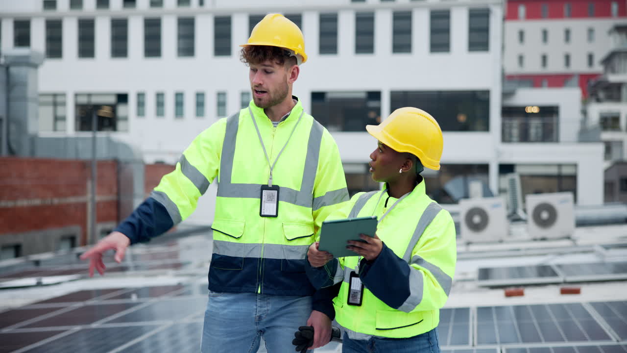 Engineers Inspecting Solar Panels on Rooftop