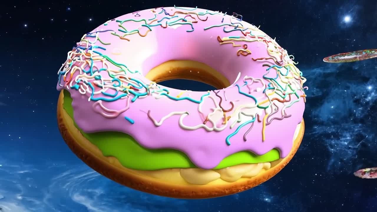 Una ciambella glassata rosa che fluttua nello spazio