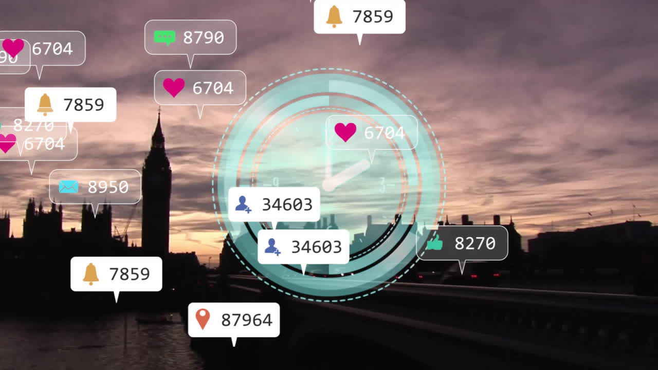 Translucent HUD overlay being animated over London sunset skyline, showing floating media icons
