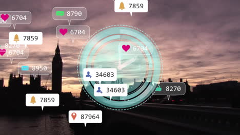translucent hud overlay being animated over london sunset skyline, showing floating media icons