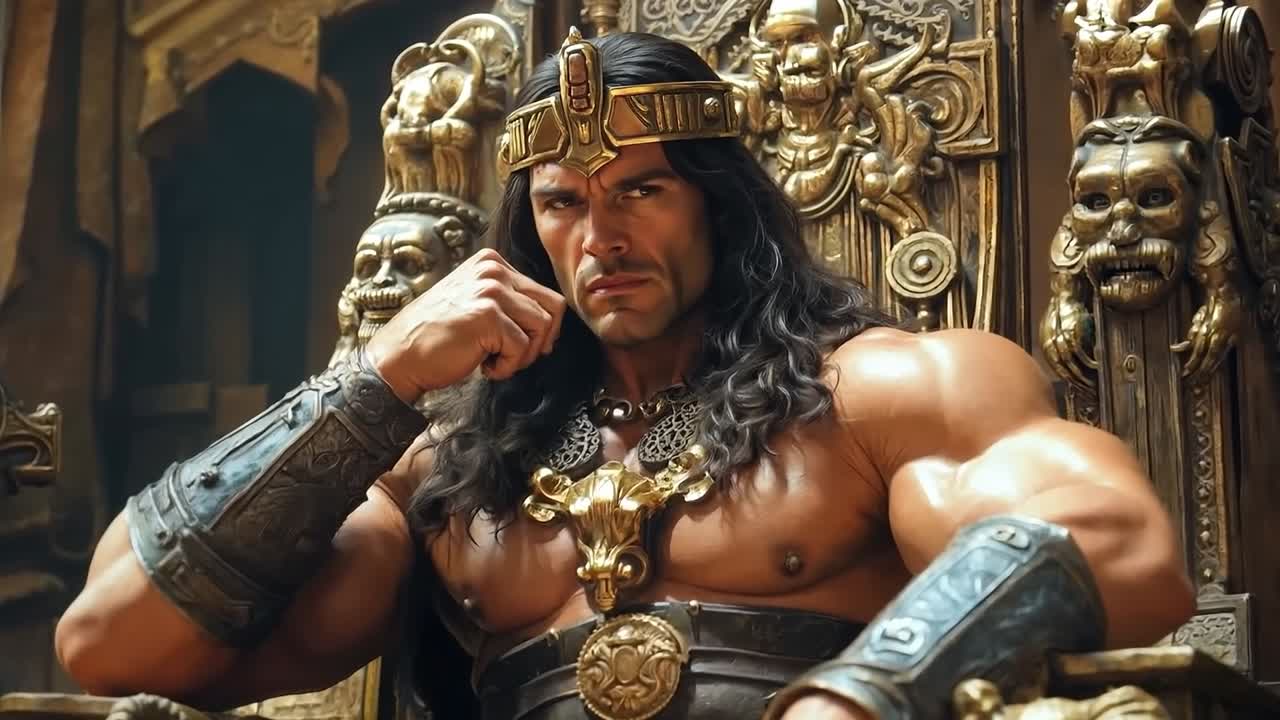 un hombre sentado en la parte superior de un trono sosteniendo una espada