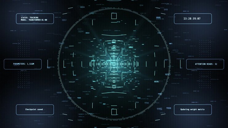 Cyan technological HUD screen animating artificial intelligence model training, neural network data processing, and machine learning telemetry