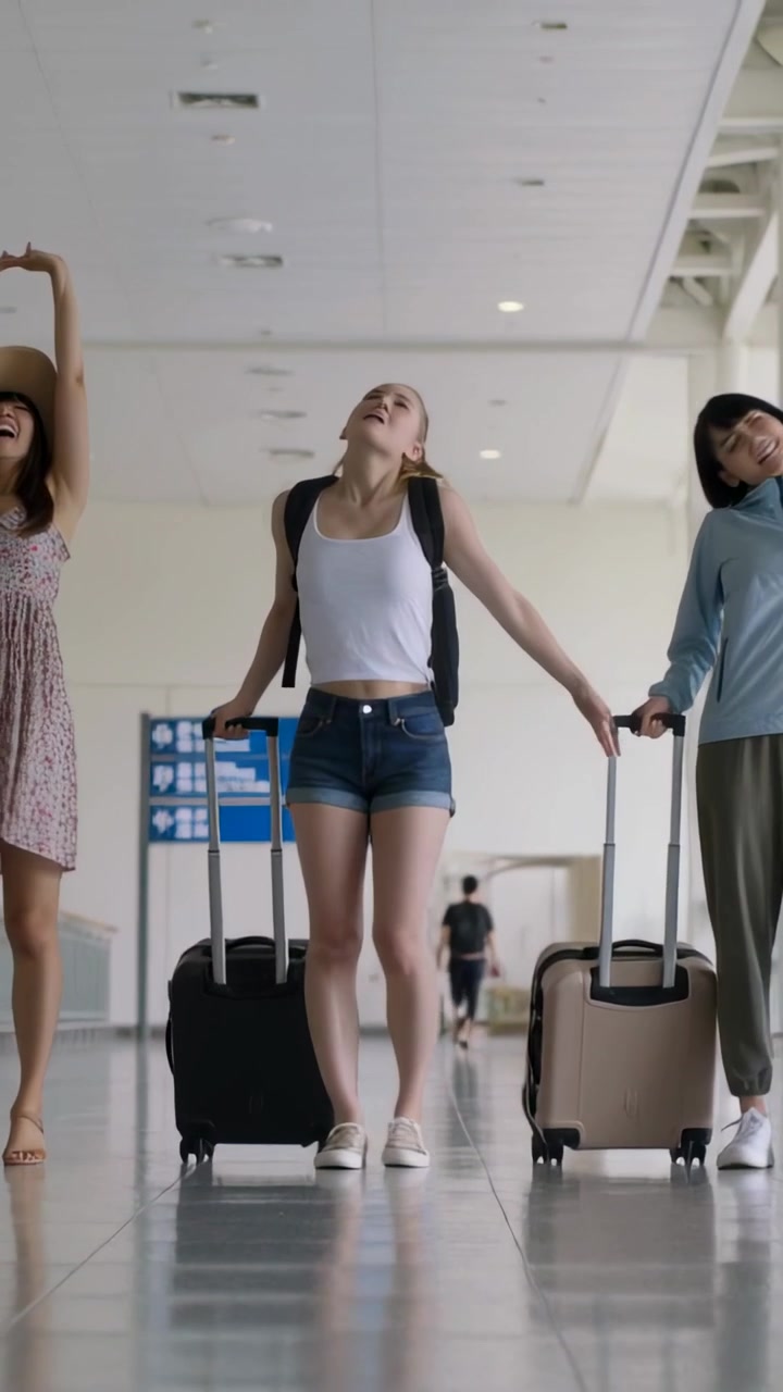 Video vertical: Tres mujeres con sombreros de sol caminando y arrastrando maletas por el aeropuerto, localizando el letrero de la puerta de embarque.