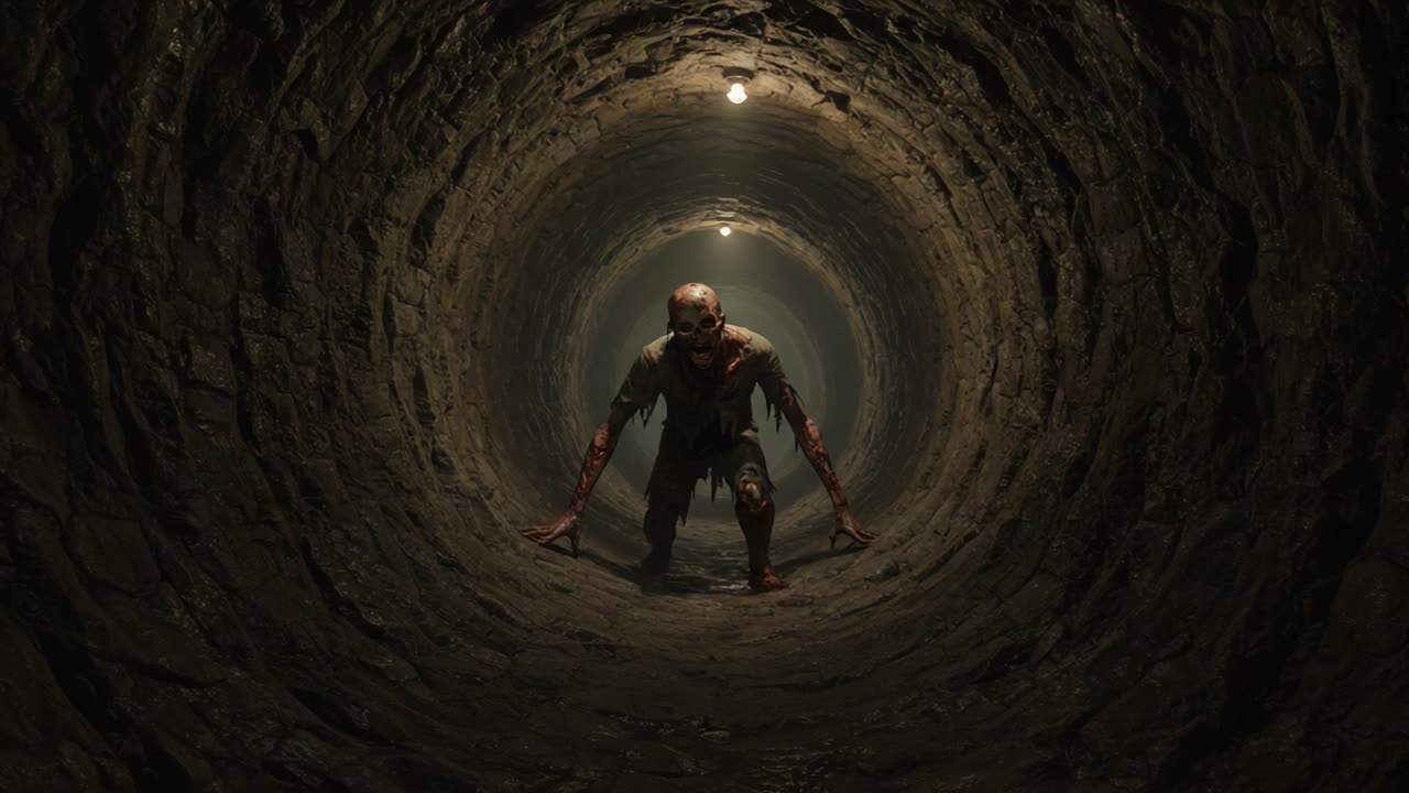 A menacing creature emerges from the dark depths of a decrepit tunnel, showcasing terror and suspense in a chilling, atmospheric descent into the unknown
