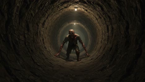 a menacing creature emerges from the dark depths of a decrepit tunnel, showcasing terror and suspense in a chilling, atmospheric descent into the unknown