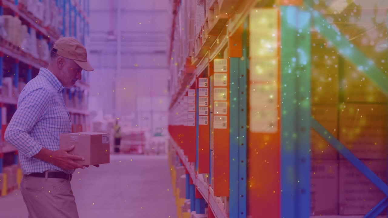 창고에서 일을 하는 백인 남자의 상자를 들고 있는 빛의 반 ⁇ 이는 점들의 애니메이션,