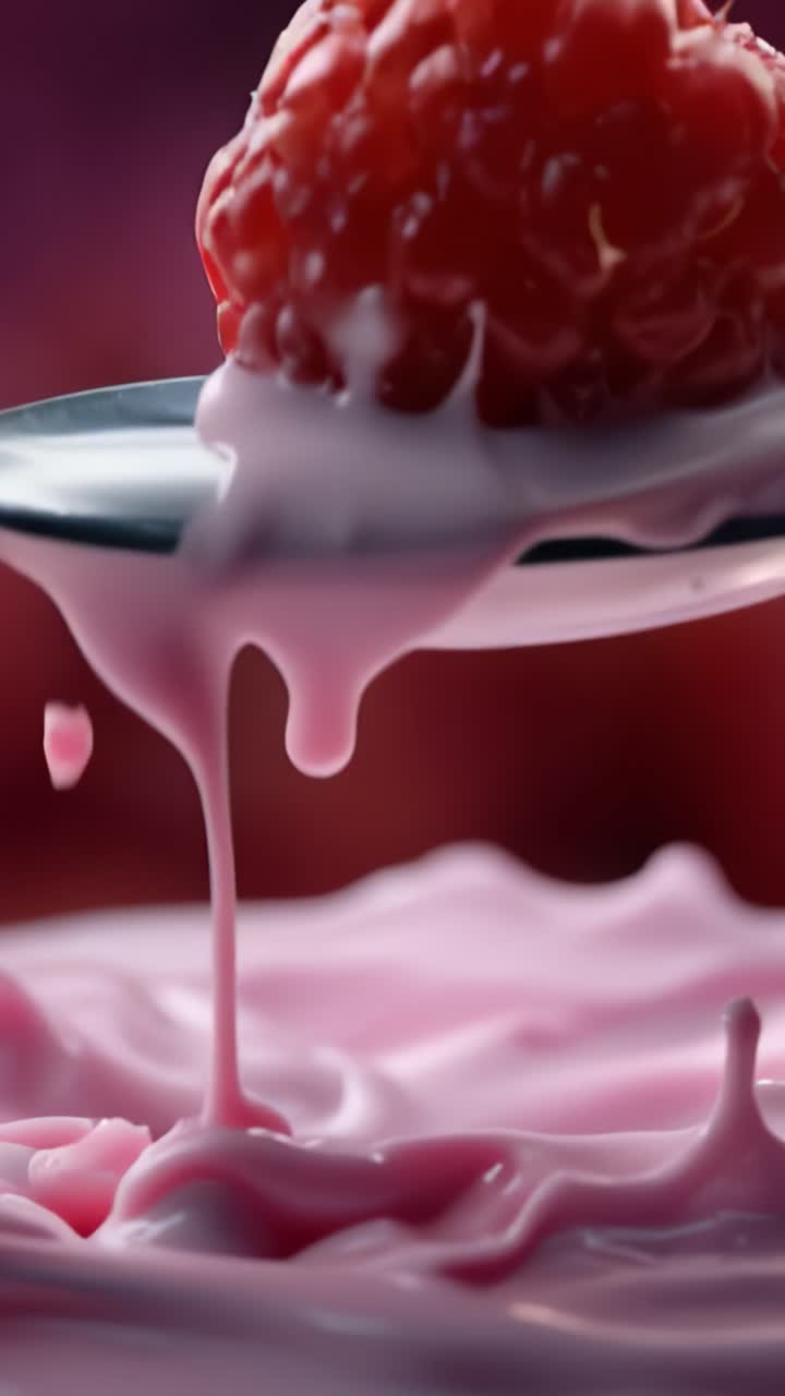 A Delicious Close-Up of Fresh Raspberries Dipped in Creamy Pink Yogurt, Capturing the Tempting Texture and Vibrant Color in Stunning Detail and High Definition