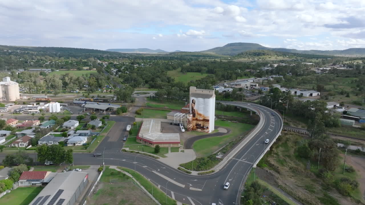 Drone footage of Gunnedah's painted silo, New South Wales, Australia