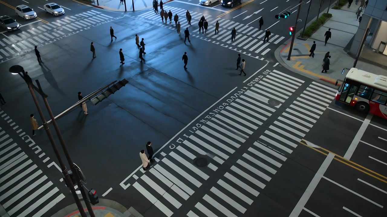Walking pedestrians crossing zebra crosswalk at night, traffic light turning green, buses waiting