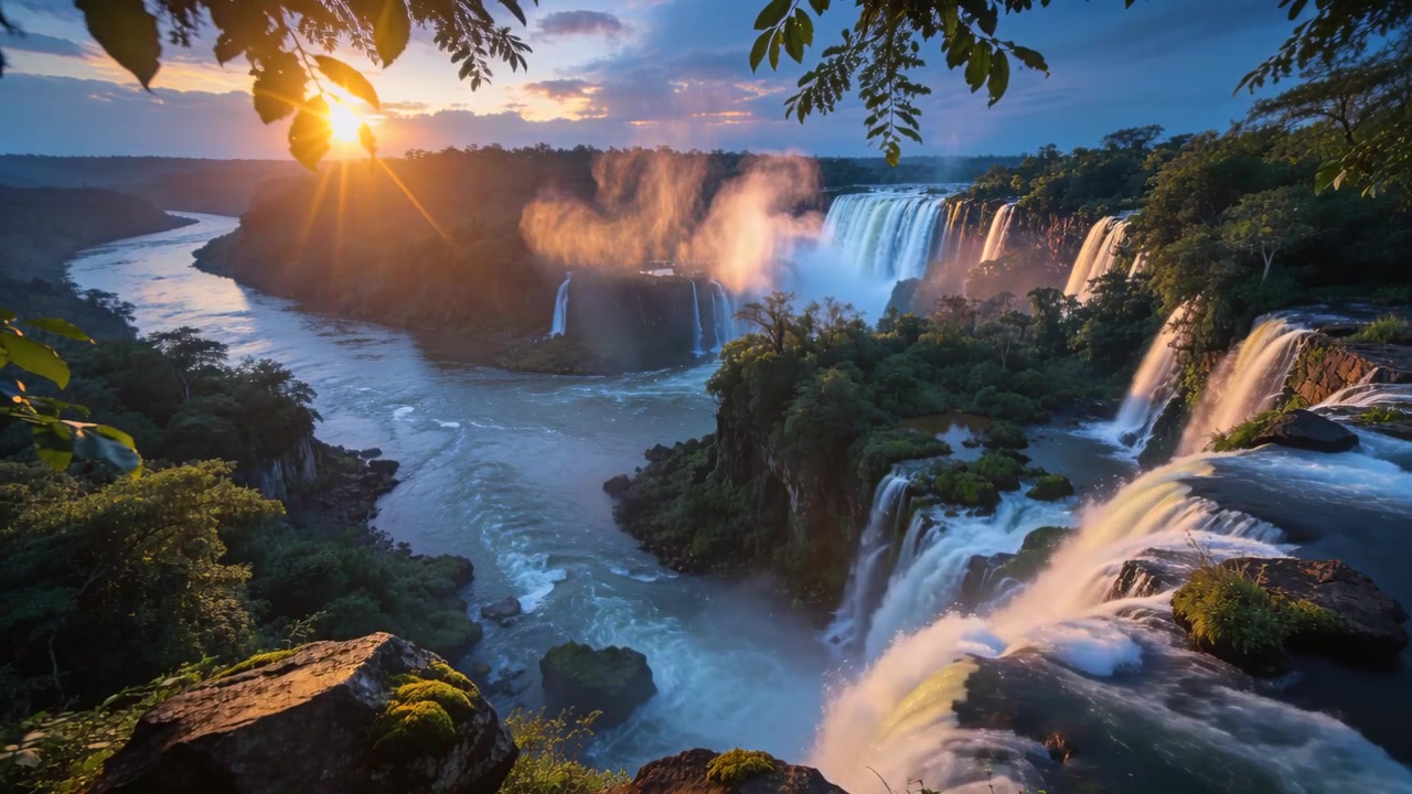 Cachoeiras em cascata e rio sinuoso dissipando névoa no desfiladeiro, enquanto o nascer do sol ilumina o borrifo e a rocha coberta de musgo.