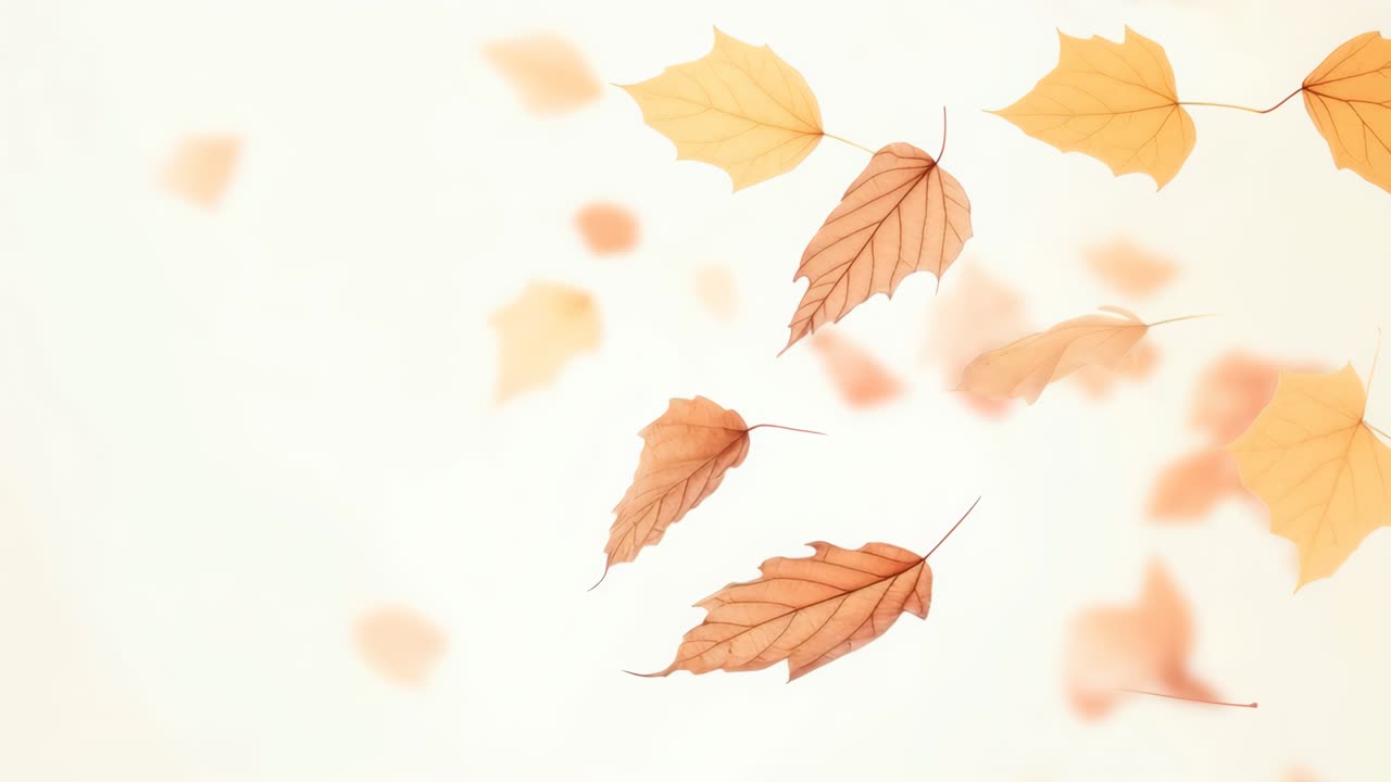 Aerial view of autumn leaves gently floating against a soft white background, creating a serene