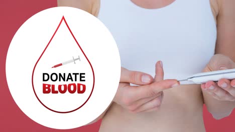 Animation-of-donate-blood-text-with-syringe-and-droplet-logo-over-woman-taking-pinprick-blood-test