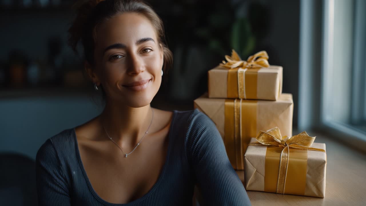 Una donna premurosa si gode la gioia di donare mentre siede accanto a regali splendidamente incartati, irradiando felicità e attesa in un accogliente ambiente interno