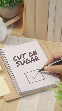 vertical video of ticking off cut on sugar work from checklist