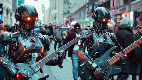 a group of robots playing guitars in a parade