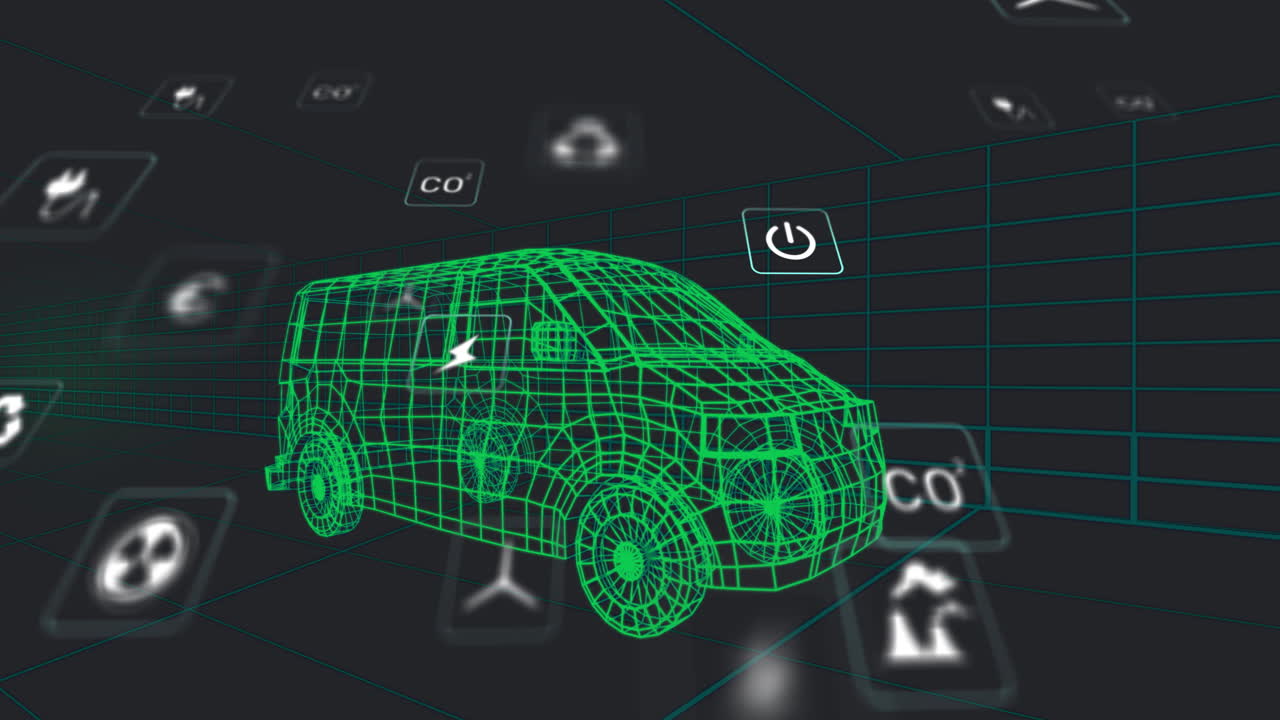 Animation of green wireframe van with digital icons surrounding in school setting