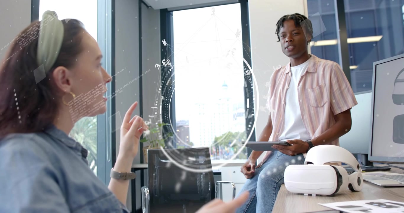 Man making pinching gesture and guiding woman through rotating holographic business charts for demo