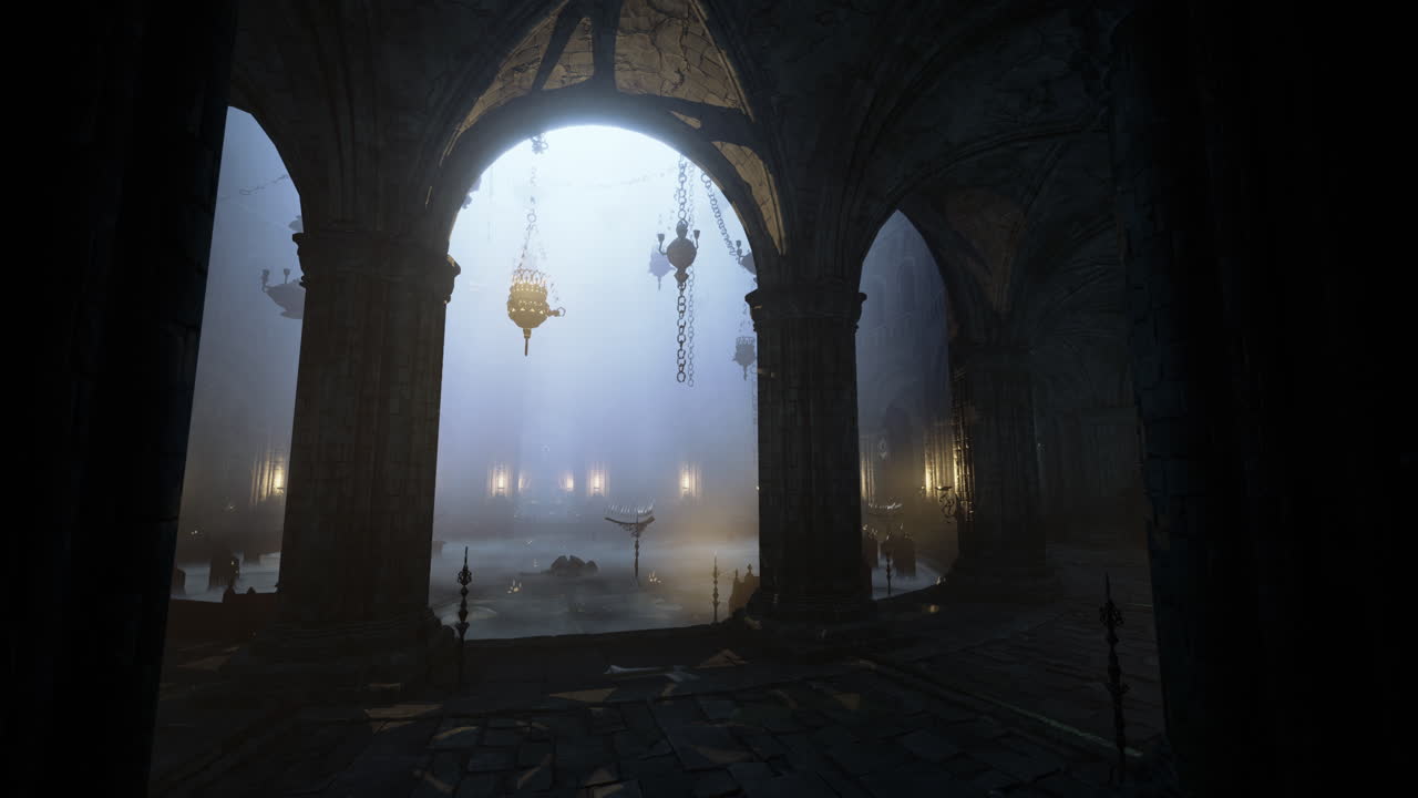 Gloomy medieval hall with archways and soft lighting from lanterns