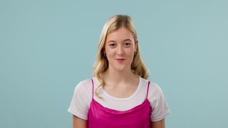 happy, news and face of woman with hand pointing