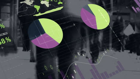 animation of data processing, stock market and world map over people walking