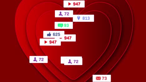 animation of hearts and social media reactions over red background