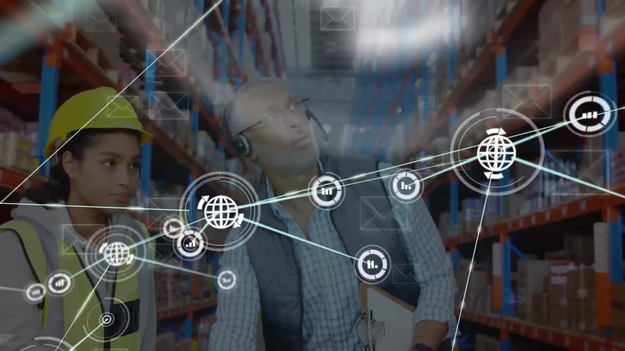 Animation of connected icons, message icons over diverse coworkers discussing in warehouse
