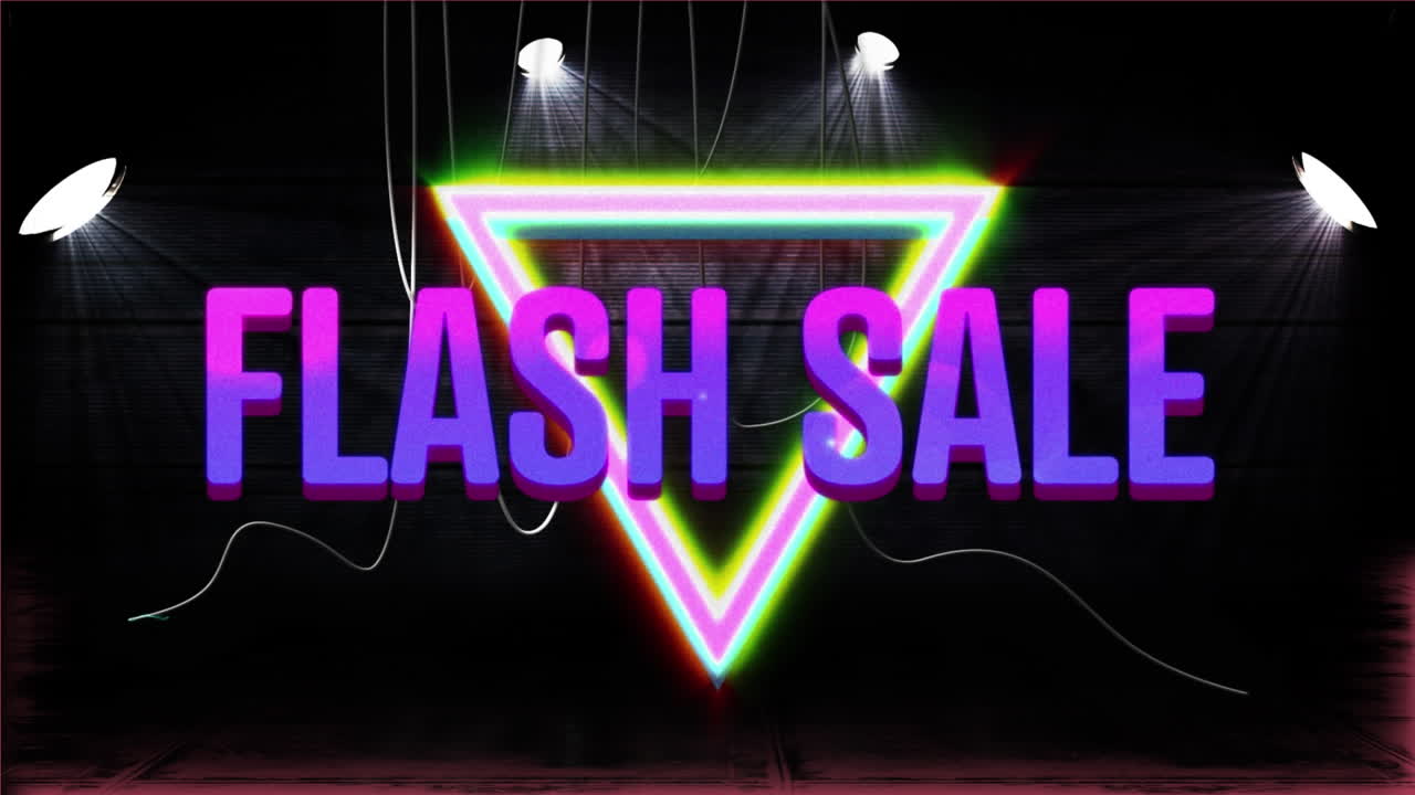 검은 바탕에 네온 삼각형 위에 플래시 판매 텍스트의 애니메이션