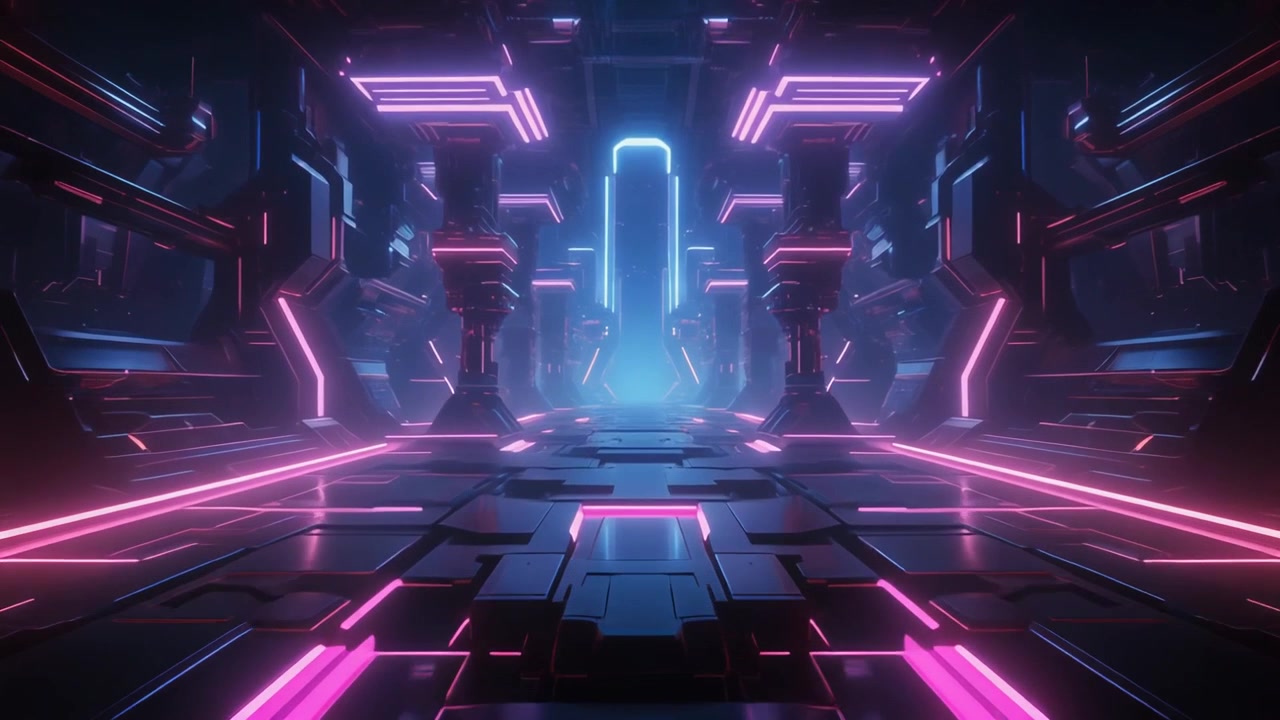 Corridoio Fantascientifico Futuristico con Luci al Neon Rosa e Blu Luminose