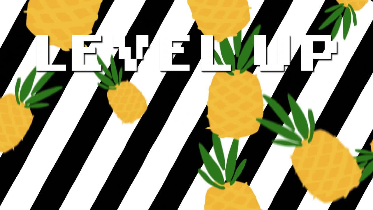 검은색과 색 줄무 바탕에 파인애플 위에 레벨 업 텍스트의 애니메이션