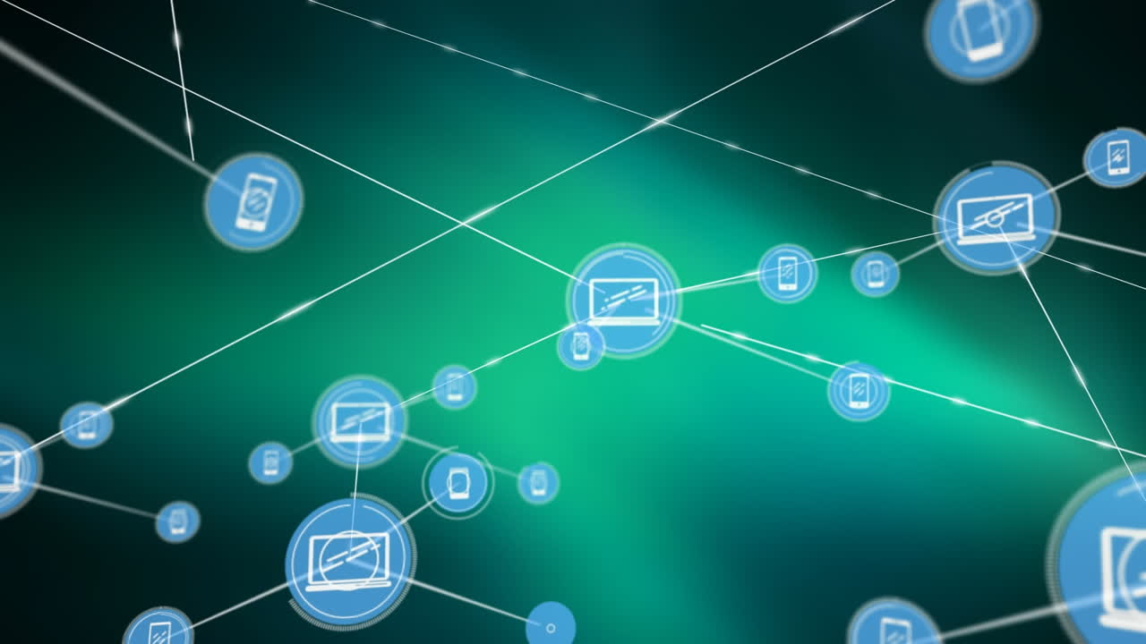 animación de la red de conexiones con iconos sobre fondo verde