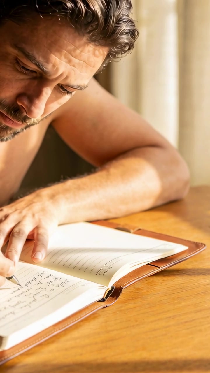 Video verticale: Uomo a torso nudo che scrive, appoggiato a un tavolo di legno vicino a una finestra, con il sole che guida la penna sul quaderno.