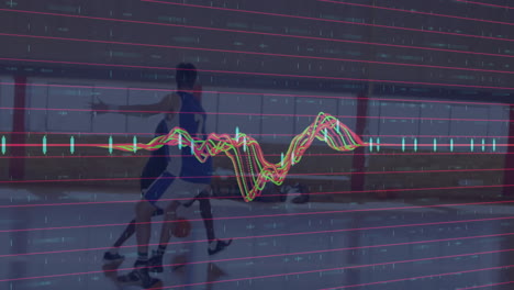 male athlete dribbling basketball on court while teammates defending under sports analytics overlay