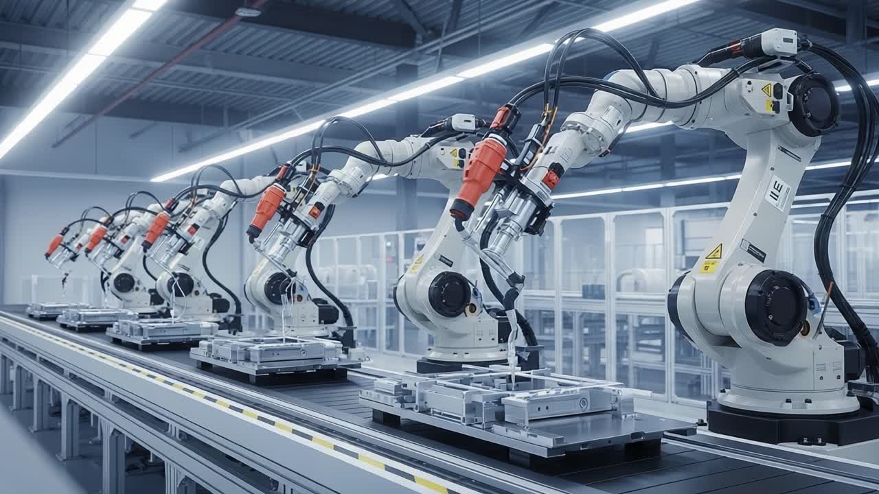 Advanced Industrial Robotics: A Series of Robotic Arms Collaborating on an Automated Assembly Line in a Modern Manufacturing Facility