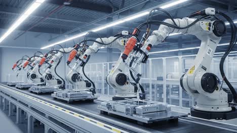 advanced industrial robotics: a series of robotic arms collaborating on an automated assembly line in a modern manufacturing facility