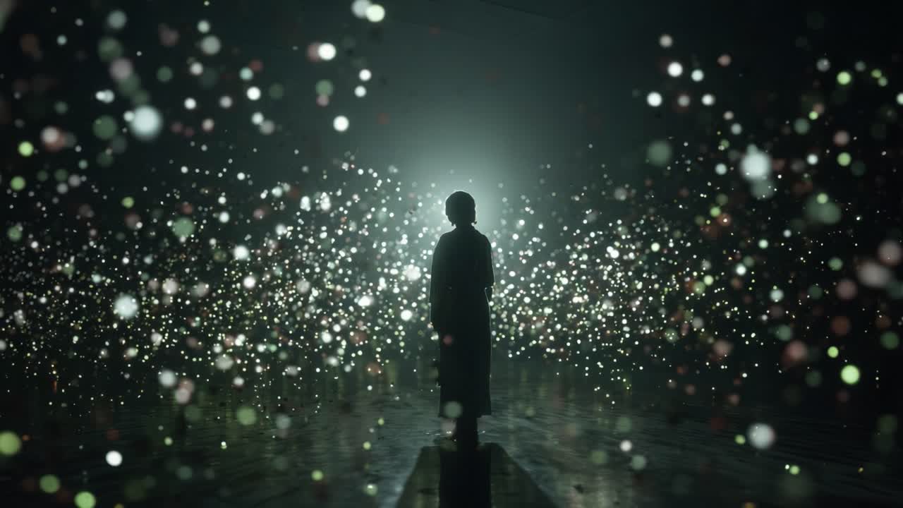 Lone figure standing in a surreal, dark environment, silhouetted against a bright light while surrounded by a mesmerizing cloud of glowing, colorful bokeh particles floating in the air