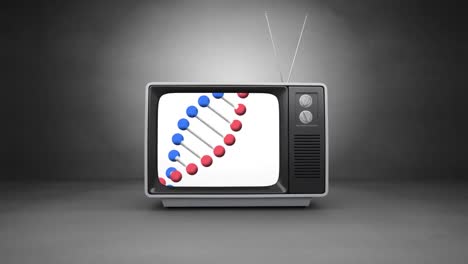 Digitale-Animation-Der-DNA-Struktur,-Die-Sich-Auf-Dem-Fernsehbildschirm-Vor-Grauem-Hintergrund-Dreht
