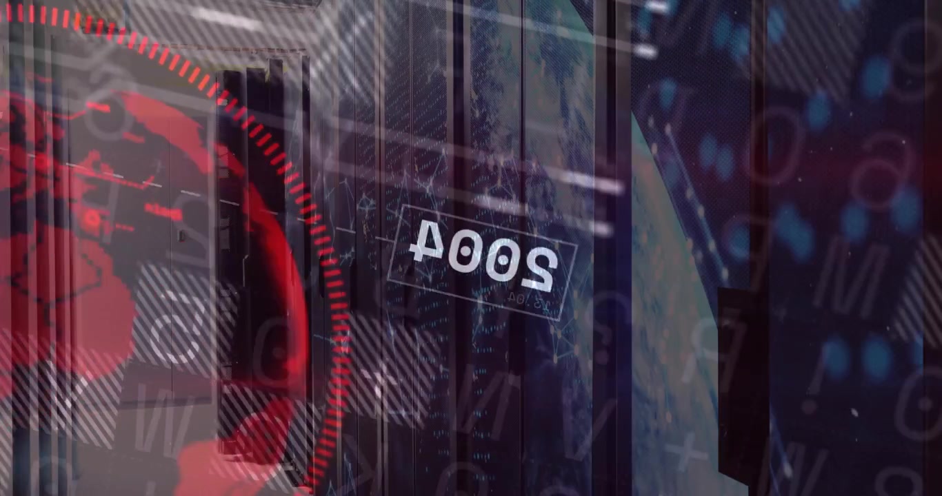 Overlay fading over server racks, initiating 2005 flip pulsing arc wrapping globe visualizing data