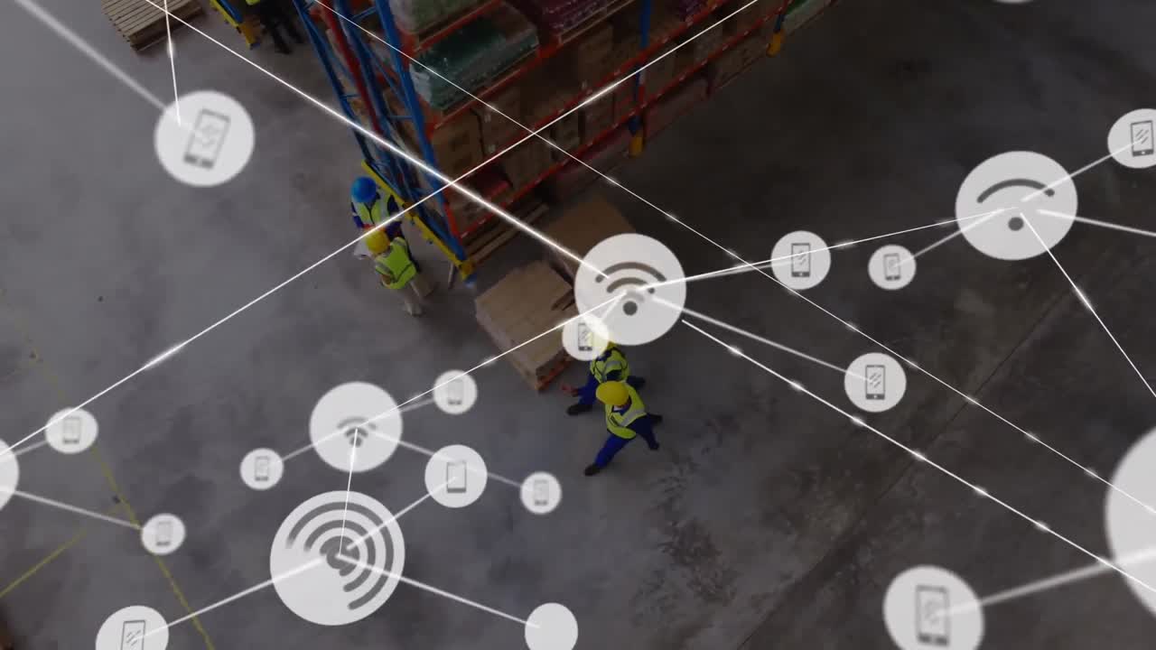 animación de la red de conexiones con iconos sobre los hombres que trabajan en el almacén