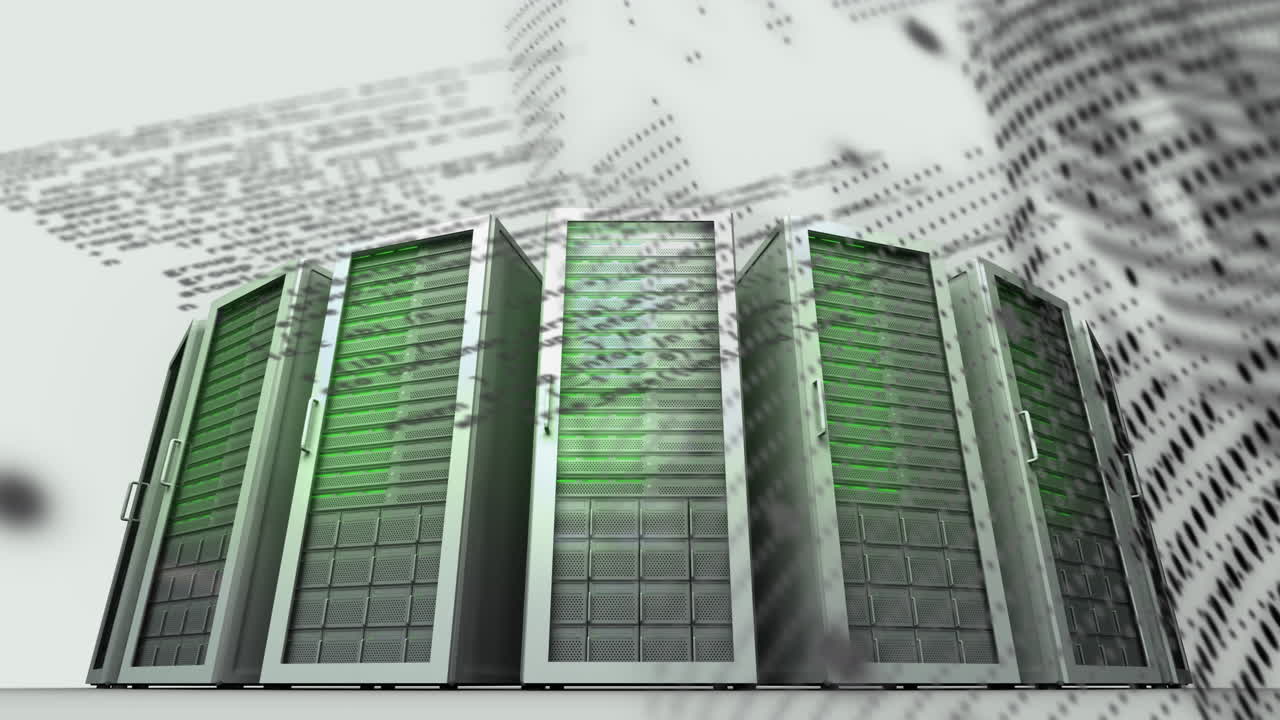 Animation of spinning globe and data processing over computer servers against white background