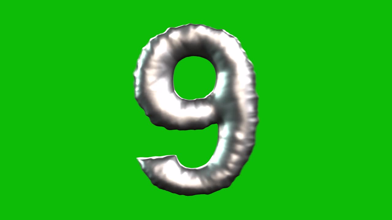 Silver Foil balloon number 9 inflates, spins, and reveals on green screen in 3D animation. Ideal for celebrations, parties, birthdays, and video editing projects