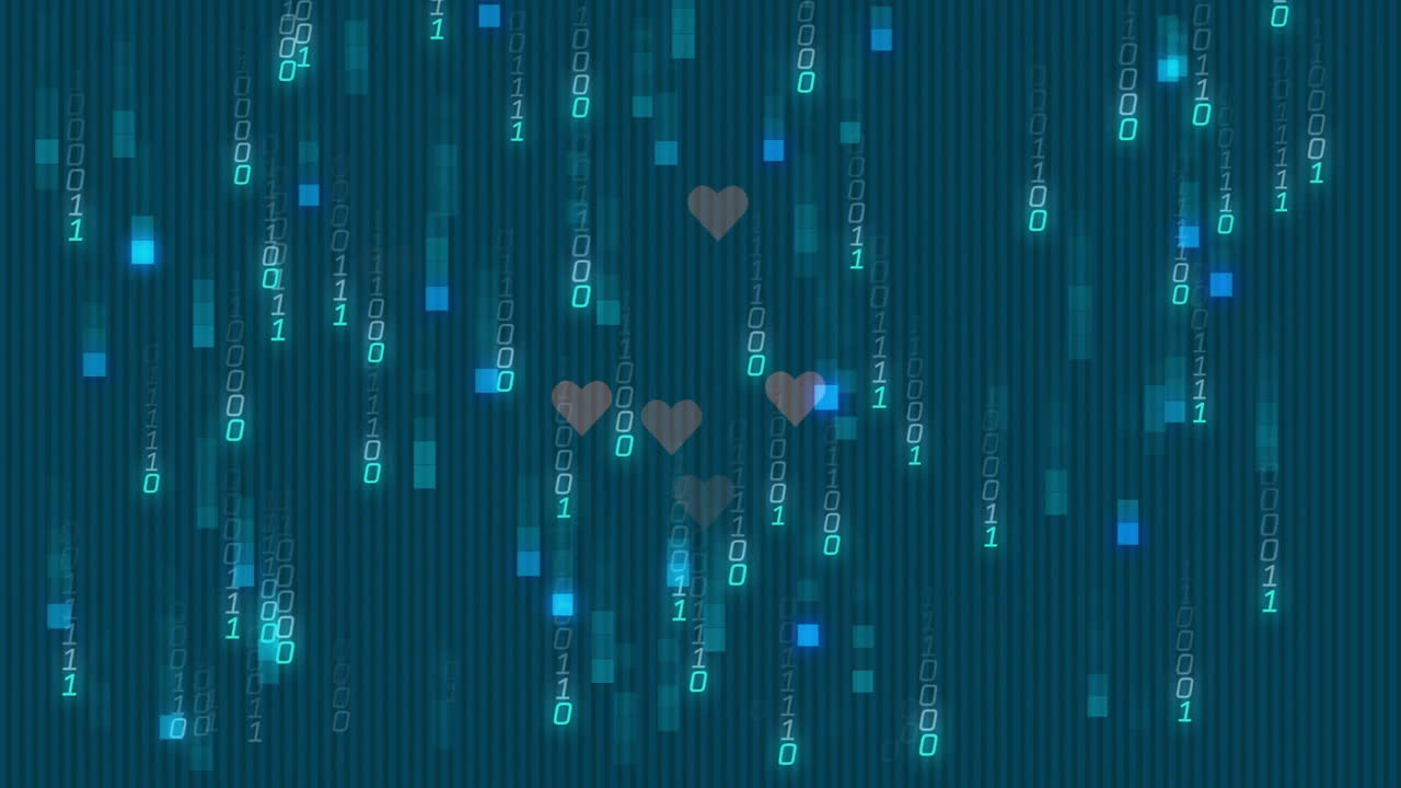 Animation of binary code and heart symbols over digital matrix background