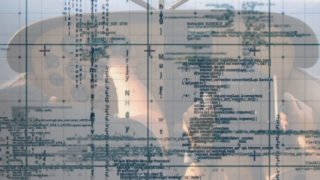 비행기를 조종하는 조종사의 중간 섹션에 대한 그리드 네트워크를 통해 데이터 처리의 애니메이션