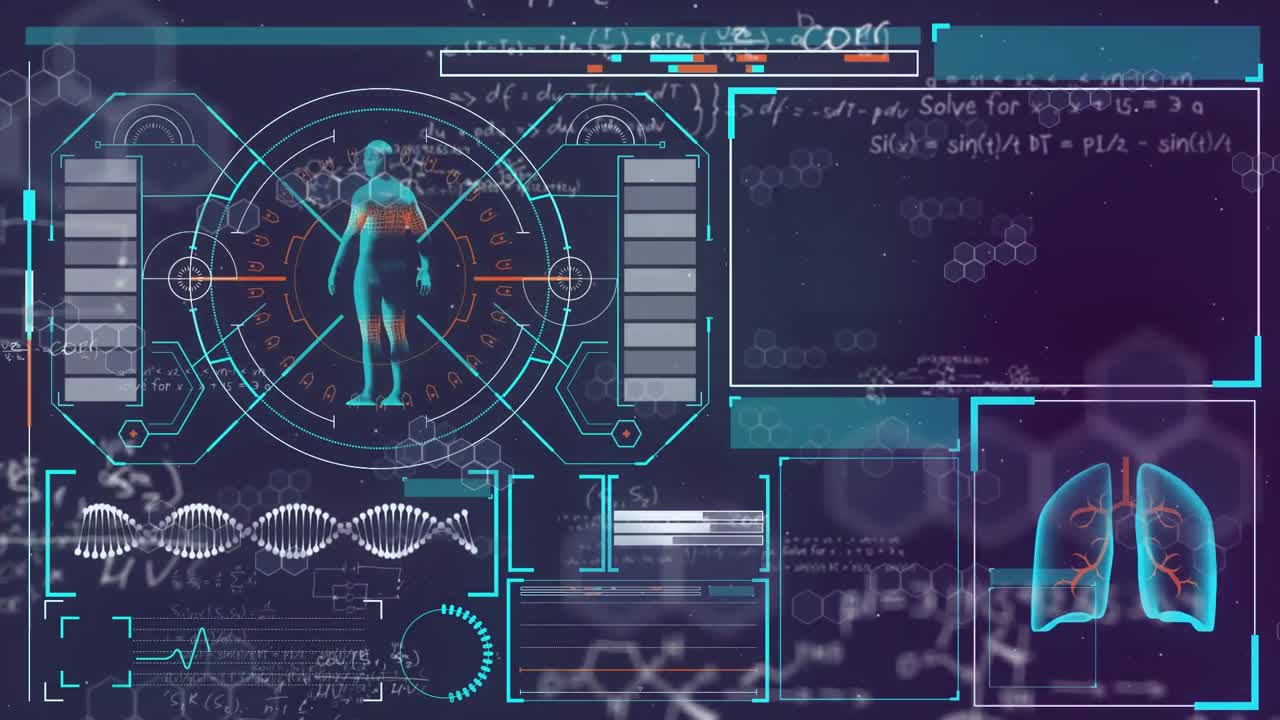 Digital animation of digital interface with medical data processing against purple background