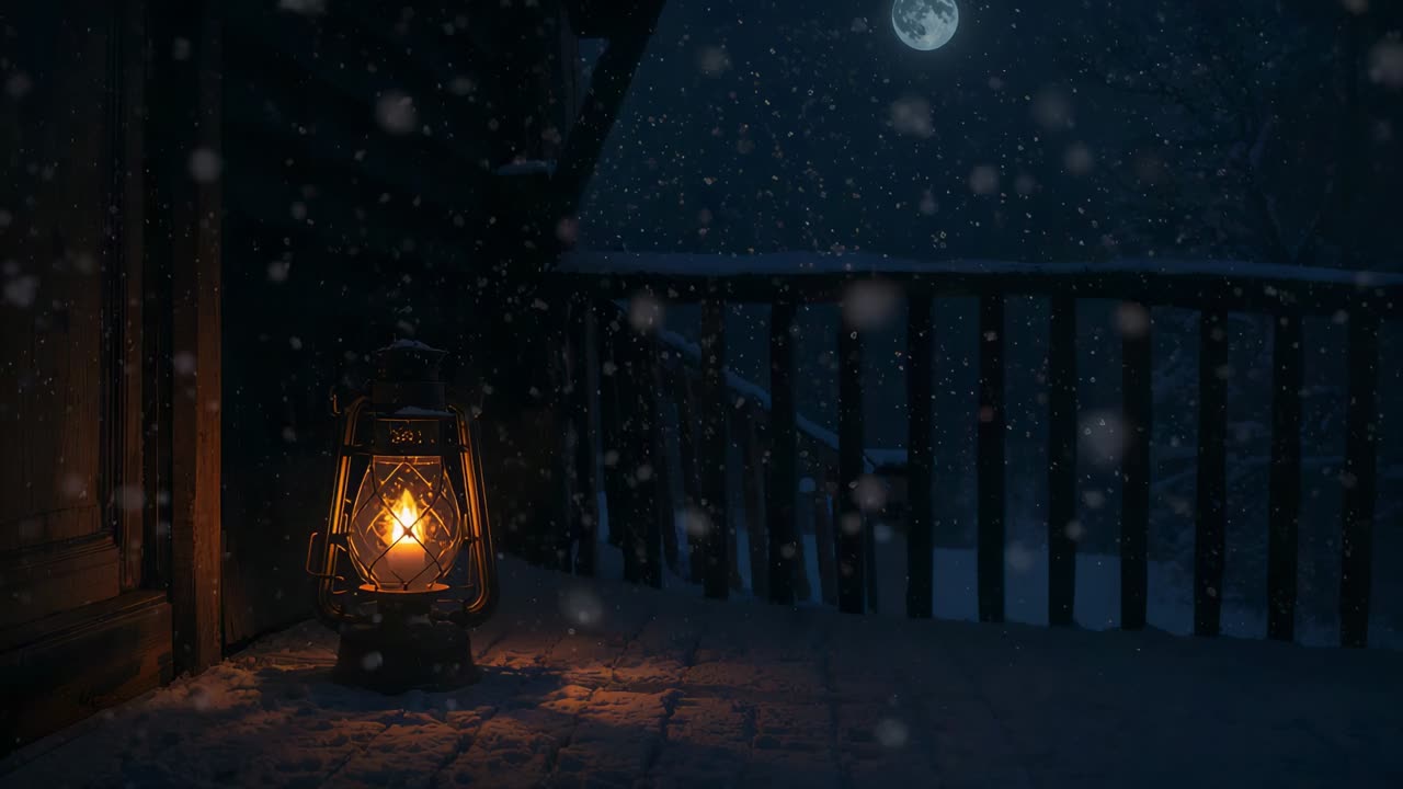Lanterna a cherosene in metallo tremolante che illumina un portico accogliente, nevicata che inizia, spazio per il testo