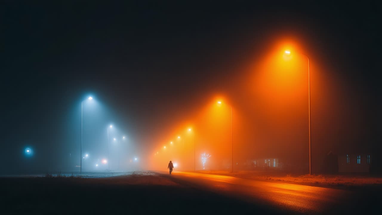 A solitary figure walks down a foggy street illuminated by contrasting blue and orange streetlights, creating an atmospheric and mysterious ambiance that captures the essence of solitude