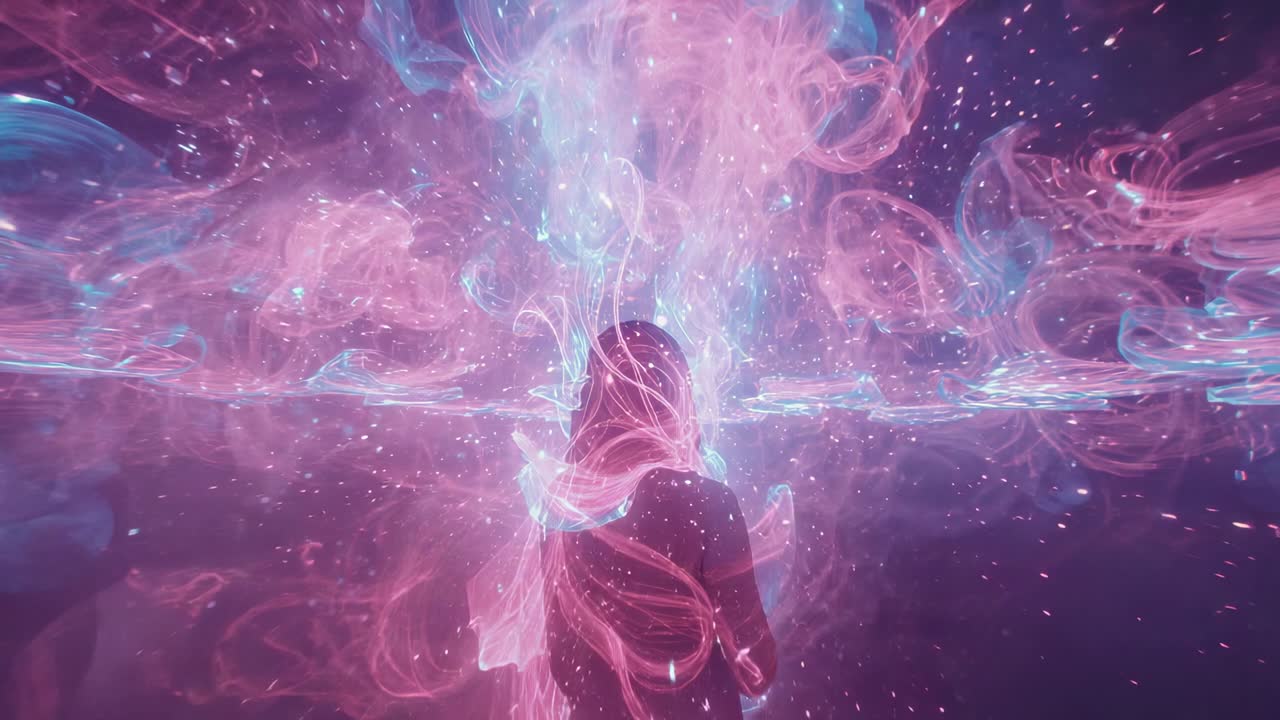 Swirling energy streams around silhouette intensifying into glowing pillar sparkles in plasma field