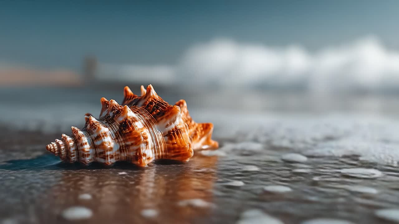 A Stunning Close-Up of a Spiral Shell on the Shore, Capturing the Beauty of Nature's Artwork as Gentle Waves Lapping Against the Sand Enhance the Scene