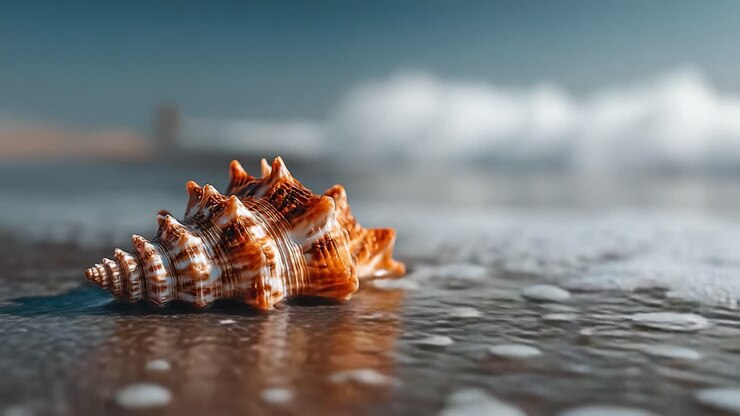 A Stunning Close-Up of a Spiral Shell on the Shore, Capturing the Beauty of Nature's Artwork as Gentle Waves Lapping Against the Sand Enhance the Scene