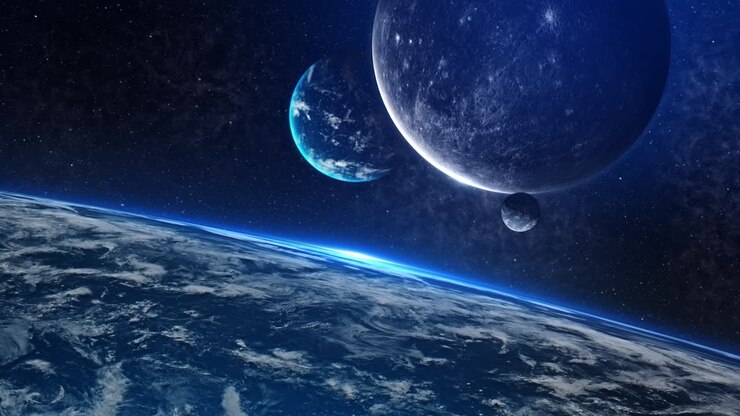 Rotierender Planet Erde, von heller Sonne beleuchtet, 3D-Bewegungsgrafik des Planeten Erde, blaue Elemente umkreisen im Halo